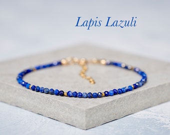 Lapis Lazuli Dainty Gemstone Bracelet, Tiny Blue Gemstone Beaded Bracelet, Skinny Stacking Bracelet, Gold Fill or 925 Sterling Silver