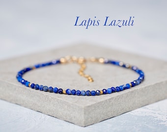 Lapis Lazuli Dainty Gemstone Bracelet, Tiny Blue Stone Beaded Bracelet, Skinny Crystal Stacking Bracelet, Gold Fill or 925 Sterling Silver