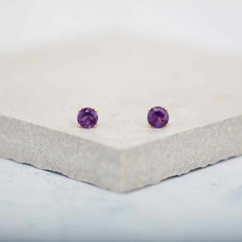 Dainty Amethyst Stud Earrings, Gold Filled or 925 Sterling Silver Settings, Amethyst Post Earrings, February Birthstone, 4mm Stones image 2