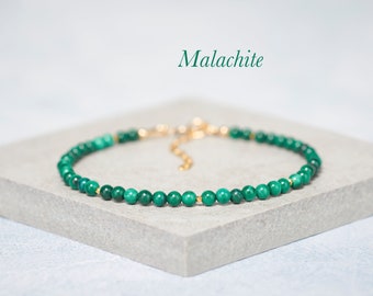 Dainty Malachite Bracelet, Genuine Natural Malachite Gemstones, Minimalist Stacking Green Gemstone Bracelet, Gold Fill or Sterling Silver