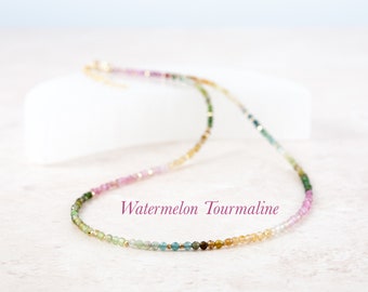 Dainty Tourmaline Gemstone Necklace, Tiny Multicolour Watermelon Tourmaline, Gold Fill / Sterling Silver, October Birthstone Necklace Gift