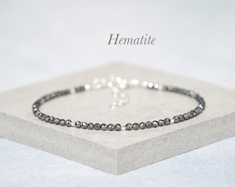 Dainty Hematite Gemstone Bracelet, Tiny Gemstone Beads, Sterling Silver Or Gold Fill, Dainty Gemstone Stacking Bracelet