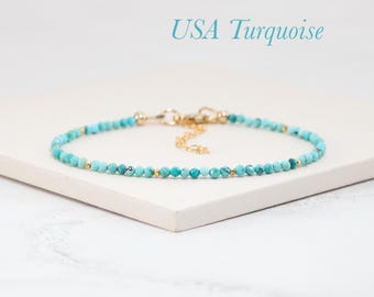 Dainty Turquoise Gemstone Bracelet, Genuine USA Blue Turquoise and Gold Fill / Sterling Silver, December Birthstone Stacking Bracelet