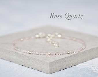 Dainty Rose Quartz Bracelet, Tiny Pale Pink Gemstone Stacking Bracelet, Minimalist Jewelry, Sterling Silver/Gold Fill Love & Friendship Gift
