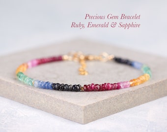 Dainty Precious Gemstone Bracelet, Ruby, Emerald and Blue, Pink & Yellow Sapphire Bracelet, Sterling Silver or Gold Fill, Rainbow Gemstones