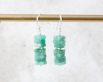 Emerald Gemstone Earrings, Rough Raw Green Emerald Square Beads, Sterling Silver Minimalist Earrings, May Birthstone Jewelry Gift