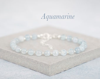 Aquamarine Gemstone Bracelet, Sterling Silver or Gold Fill Bracelet, March Birthstone, Throat Chakra Healing Bracelet