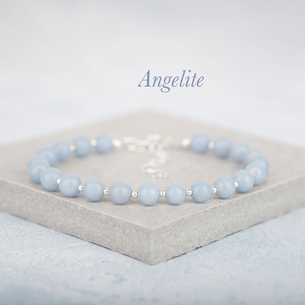 Angelite Gemstone Bracelet, Pale Blue Angel Stone and Sterling Silver or Gold Fill Bracelet, Crown & Throat Chakra Healing Bracelet