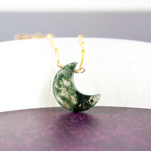 Moss Agate Moon Necklace, Gemstone Moon & Sterling Silver or Gold Fill Satellite Chain Gift for Nature Lover Celestial Jewelry Gift