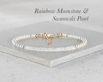 Rainbow Moonstone and Pearl Gemstone Bracelet, Blue Flash Moonstone, White Swarovski Pearl & Sterling Silver or Gold Fill Stacking Bracelet