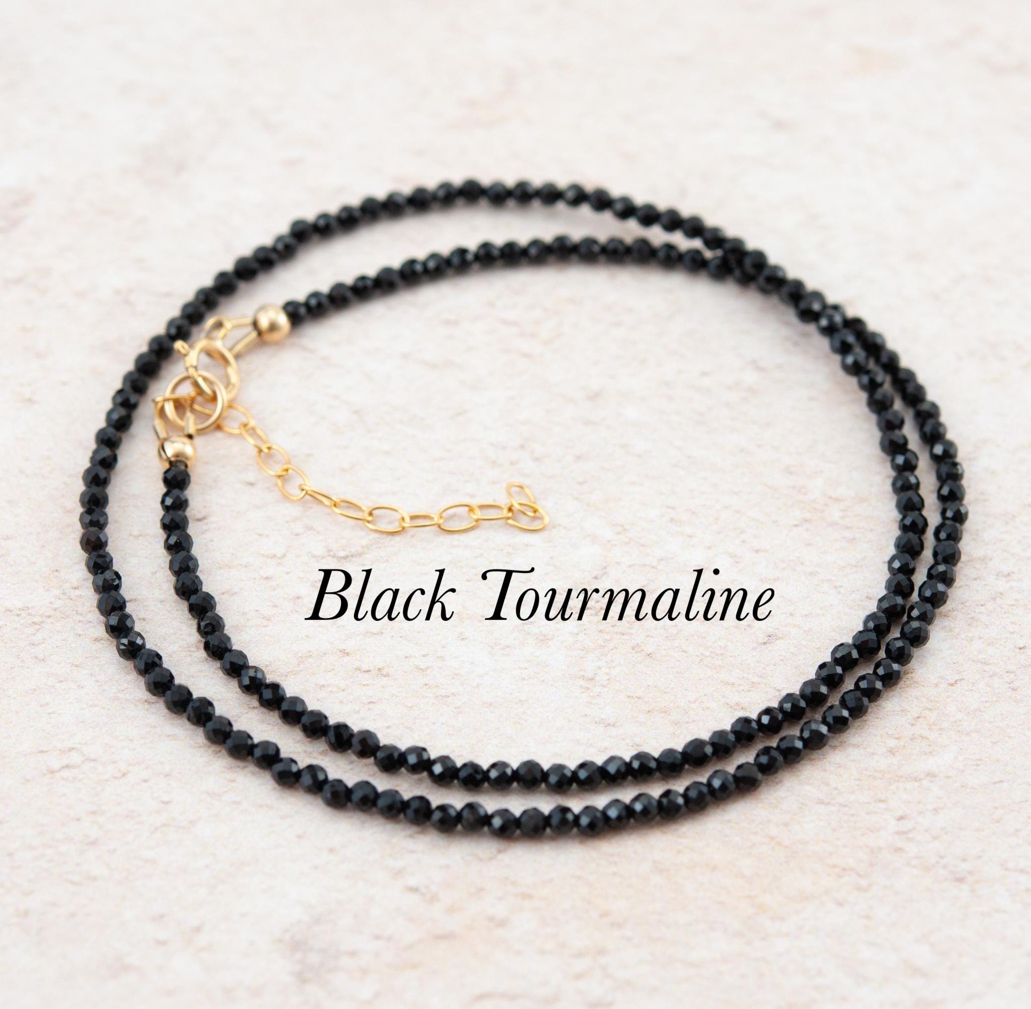 Black Tourmaline Dainty Necklace, Micro Faceted Tiny Gemstones,…