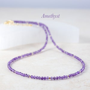 Dainty Amethyst Necklace, Tiny Purple Gemstone Beads, Gold Fill / Sterling Silver, February Birthday February Birthstone Necklace Gift image 1