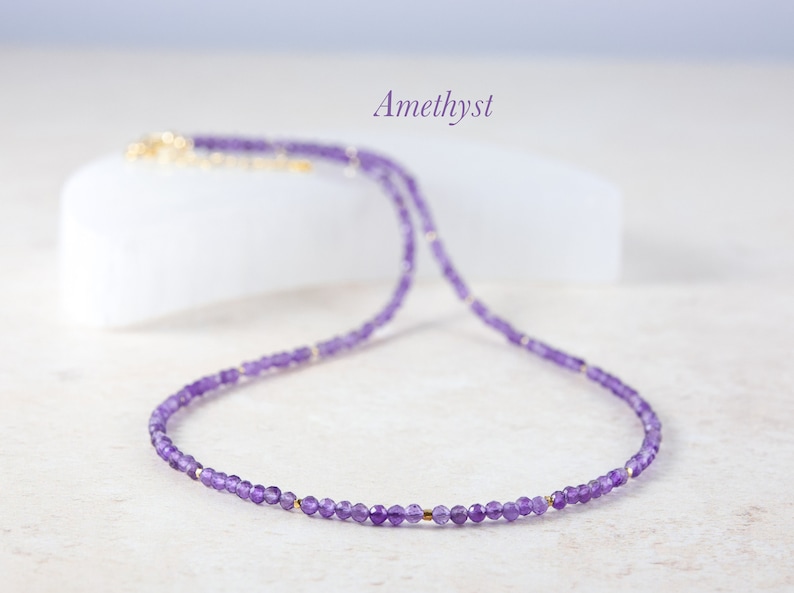 Dainty Amethyst Necklace, Tiny Purple Gemstone Beads, Gold Fill / Sterling Silver, February Birthday February Birthstone Necklace Gift image 1