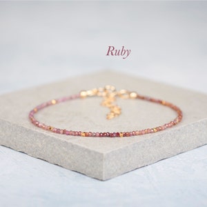 Dainty Ruby Gemstone Bracelet, Tiny Genuine Ombre Ruby & Sterling Silver / Gold Fill, Delicate Minimalist Stacking Bracelet, July Birthstone