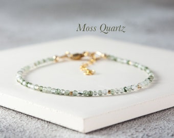 Dainty Moss / Rutile Quartz Gemstone Bracelet, Green & Clear Natural Gemstone Stacking Bracelet, Gold Fill/Sterling Silver