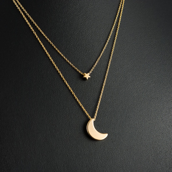 Gold Moon and Star Layered Necklace, Dainty Necklace, Delicate Fine Chain, 16K Gold Plated Crescent Moon and Star