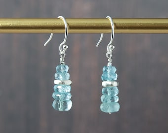 Dainty Blue Aquamarine Gemstone Earrings, Sterling Silver, March Birthstone Gift For Her, Beaded Earrings, Wedding Jewellery, March Birthday