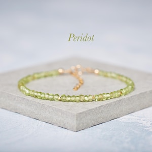 Dainty Peridot Bracelet, Tiny Green Gemstone Beads, Sterling Silver or Gold Fill, Minimalist Crystal Stacking Bracelet, August Birthstone