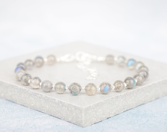 Labradorite Gemstone Bracelet, Sterling Silver or Gold Fill, Crystal Healing Bracelet, Grey Gemstone Stacking Bracelet