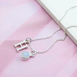 Initial & Moonstone June Birthstone Necklace, Personalised Sterling Silver Letter Necklace, Rainbow Moonstone Gemstone Dainty Monogram