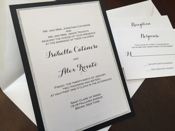 Glitter Wedding Invitation Black White And Silver Invitation Etsy