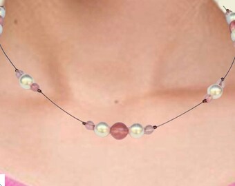 Rose Quartz Gemstone Beads | Suspension Illusion Beaded Necklace