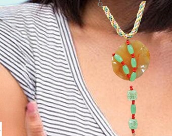 Agate Gemstone Pendant, Wire Wrap Cabochon, Beaded Necklace