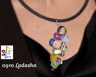 Sterling Wire Basket Pendant | with Flora of Beads Contained Inside | Velveteen Cord Necklace