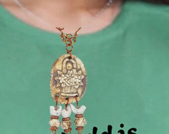 Carved Bone Basket Pendant, Beaded on copper chain necklace