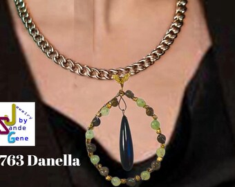 Illusion Wire Hoop Pendant| Decorated with Jade & Cat’s Eye Beads | Chain Link Necklace