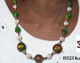Staton Style Necklace | Green Glass & Wood | Beaded Single Strand Simple Necklace