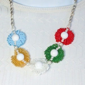 Basiana, Big - Bulky, Eastern Star Five Colors of Beaded Bead Flower Pendant, Necklace