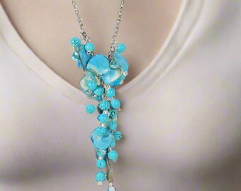Turquoise Abalone Chips Dangle Pendant | Reversible Beaded Necklace and Earrings