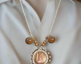 Petrified Wood Gemstone, Bib Bead Embroidery Pendant, Chain Necklace
