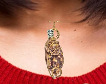 Lariat “Y” style Pendant | Brass Wire Wrapped Hand Carved Bead Dangle | Brass Chain Necklace