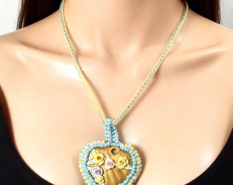 Heart Pendant | Floral Carved on Top of Cabochon | Bib Bead Bezel | Seed Bead Necklace