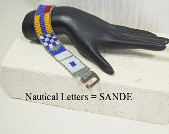 Navy Flag, Your Personalized Initial, Custom hand Crafted, Loom Beaded, Bracelet
