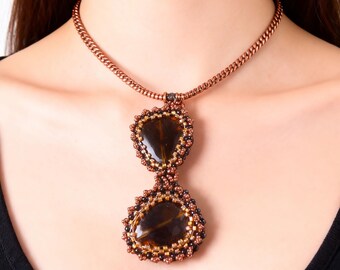 Translucent Heart Shaped cabochon Pendents | Feather inclusions | seed bead Bezel | Herringbone Stitch necklace