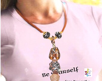 Fibre with Wire Wrap Pendant, Wood Beaded Dangle, Kumihimo Cord Necklace