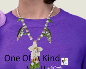 Hand Crafted Pendant  | Seed Bead Five Petal Flower, with Beaded Dangles.