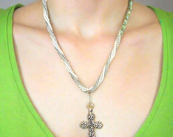 Charm Silver Cross Pendant | Seed Bead Necklace