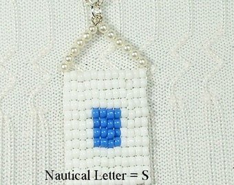 Personalized, Navy Flag Initial, Custom hand Crafted, Beaded Bead Pendant, Necklace
