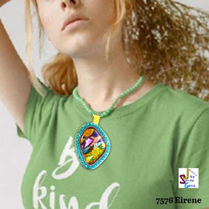 Eirene, Handmade Multicolor Spring Bright Cabochon Pendant,  Warm Patchwork Glass Pendant, Bead bib Embroidered