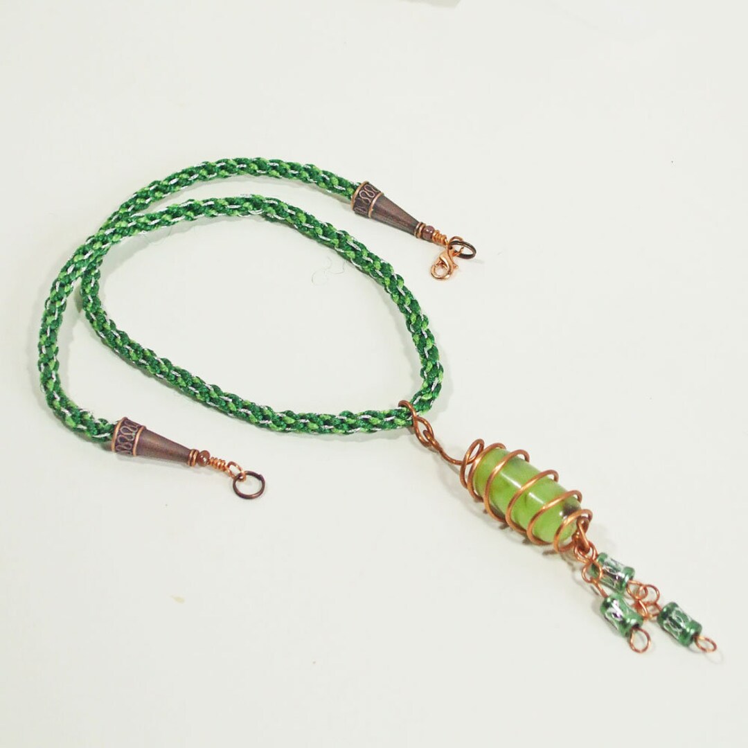 Copper Wire Caged New Jade Mineral, Kumihimo Braid Neckwear, Pendant