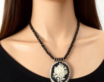 Cameo,  White Rose Carved on Black, Pendant with Seed Bead Bezel and Necklace