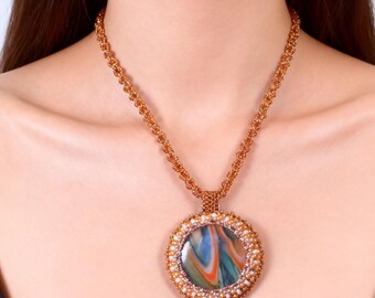 Fused Glass Pendant Necklace | Copper Seed Bead Bezel, Peyote Stitch Necklace