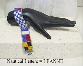 Personalized, Navy Letter Flag Initial, Custom hand Crafted, Beaded Bead Bracelet