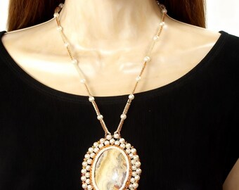 Ocean Jasper Cabochon Pendant | Seed Bead Bezel | Herringbone Stitch Necklace