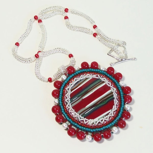 Bib Embroidery Pendant, Melted Glass Cabochon, Peyote Stitch Beaded, Necklace.