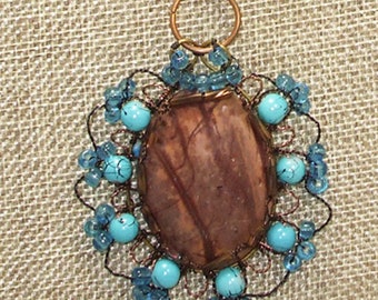 Round, Cabochon Bezel Pendant Necklace - Rainforest Rhyolite Gemstone Necklace - Unique Copper Wire Wrapped Handmade Pendant